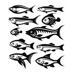 Assorted Fish Collection, Isolated Set, Silhouette Style, Marine Animals, Black and White