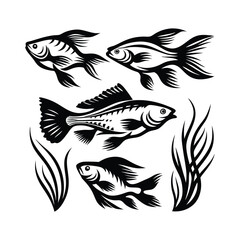 Fish Monochrome Set, Various Poses Swimming Around Grass, Isolated on White