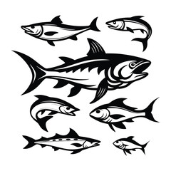 Fototapeta premium Collection of Black and White Fish Silhouettes, Diverse Swimming Sea Creature Shapes