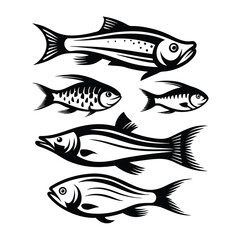 Fish Illustration, Stacked Fishes, Black and White, Marine Animals, Seafood Pattern