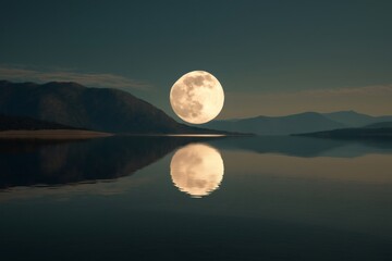 Large full moon casting a shimmering reflection on the surface of a tranquil lake, surrounded by majestic mountains under a starry night sky