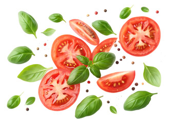 Floating slices of ripe red tomatoes and fresh green basil leaves