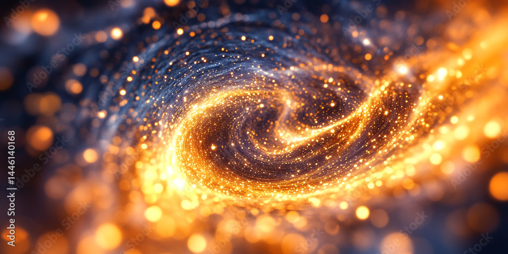 Poster abstract swirling gold and blue light, creating a dynamic and energetic vortex effect symbolizing mo