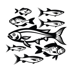 Fototapeta premium Silhouette Fish Collection Variety of Aquatic Animals in Black and White