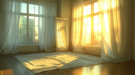 Fototapeta premium Sunlight streaming through windows in a bright, empty room.