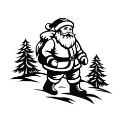 Fototapeta premium Santa Claus Walking with Sack in Snowy Forest, Holiday Season, Black and White