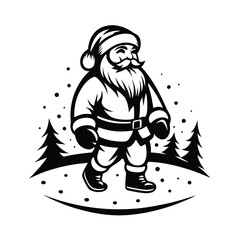 Silhouette Santa Claus Walking Through Snowy Forest with Trees & Snowfall, Black & White