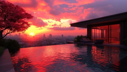 Vibrant sunset over cityscape reflected in rooftop pool.