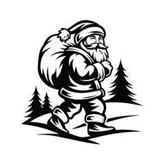 Monochrome Santa Claus Walking with Sack Near Fir Trees in Forest, Black and White Style