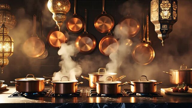 A vintage kitchen filled with steaming copper cookware and hanging lanterns, exuding a cozy and warm atmosphere with classic kitchen utensils.


