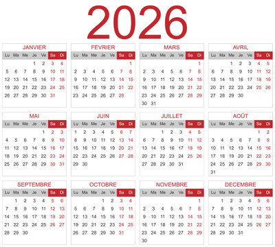 Mod&egrave;le de calendrier 2026 pour agenda, planificateur, organiseur avec mois et semaines en fran&ccedil;ais - textes vectoris&eacute;s et non vectoris&eacute;s sur calques s&eacute;par&eacute;s