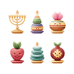 Adorable Cartoon Hanukkah Symbols Menorah, Dreidels, Apples and Pomegranates, cut out, no background