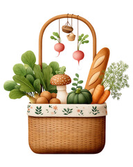 Rustic Brown Wicker Basket Filled with Fresh Vegetables and Baguette, cut out, no background