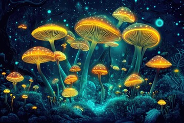 Enchanted Glow Bioluminescent Mushrooms Forest.