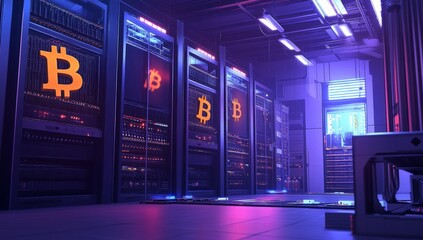 Futuristic server room, illuminated by neon lights, filled with rows of computer racks.  Bitcoin symbols are prominently displayed