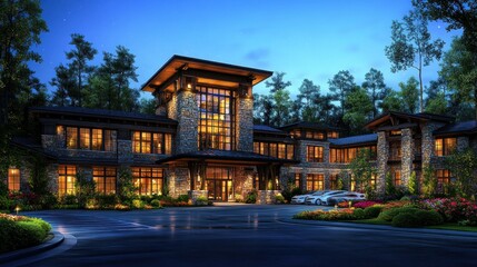 Fototapeta premium Grand stone building illuminated at night, surrounded by trees