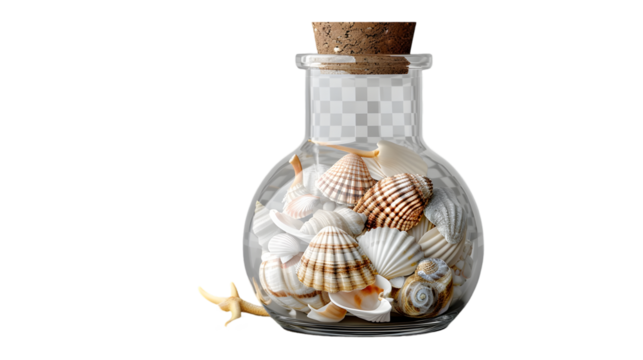 Seashells and starfish in a glass bottle with a cork stopper on a  transparent background in a studio shot 