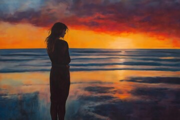 Fototapeta premium Painting of a woman standing on a beach at sunset, admiring the beautiful colors reflecting on the ocean