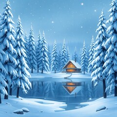 Naklejka premium Abstract winter wonderland snow covered trees, frozen lake, gentle snowfall, cozy cabin, pure black, deep shadows art illustration design