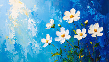 Oil painting of white flowers on blue backdrop. Floral artwork. Abstract textured hand drawn art.
