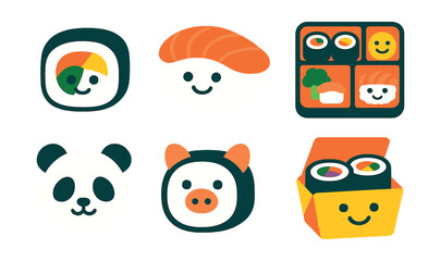 Flat vector icons of sushi for kids and fun: cartoon sushi roll, smiling nigiri face, sushi character on plate, child bento with sushi, sushi rice panda shape, animal-shaped roll, colorful veggie