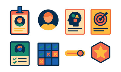 Flat vector icons of student profile and identity: student ID badge, profile avatar icon, learning style card, personal learning goal, course history sheet, attendance chart, preferred pace slider,