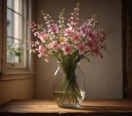 Spring blooms in a glass vase, illuminated by a warm lamplight on rustic wood ,  home,  spring flowers,  stock photo