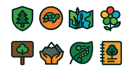 Flat vector icons of nature preservation: forest protection shield, endangered species icon, wetland preservation map, biodiversity symbol, protected park zone, mountain range care, wildlife corridor
