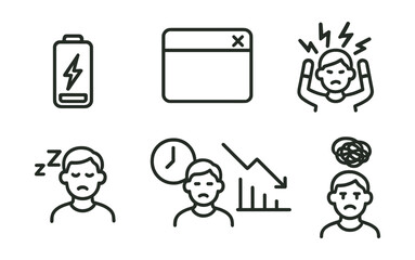 Line style icons of burnout signals: low energy, closed tab, loss of focus, high stress, fatigue icon, late hours, decline line, frustration face.