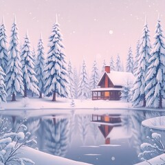 Fototapeta premium Abstract winter wonderland snow covered trees, frozen lake, gentle snowfall, cozy cabin, pure black, deep shadows art illustration design