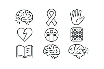 Line style icons of neurodiversity symbols: ADHD brain, autism ribbon, neurodivergent heart, sensory icon, inclusion symbol, stim toy, learning difference, brain with spark.
