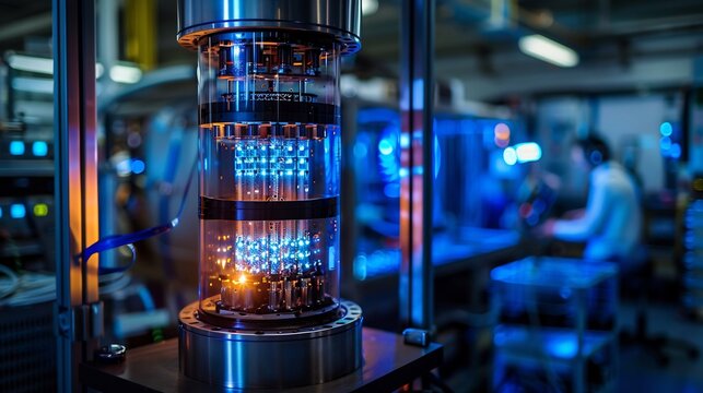 Futuristic quantum computer with entangled qubits glowing in a high tech lab