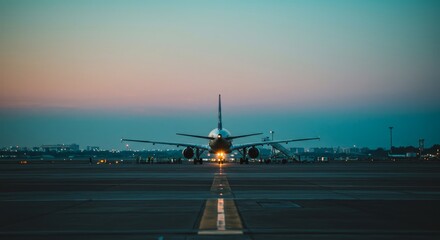 Airplane Awaits Glimpse of Sunrise - An airplane sits on the runway, awaiting departure at dawn. Symbols of travel, freedom, journey, anticipation, and new beginnings
