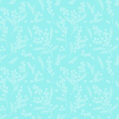 Seamless pattern with silhouettes of mimosa branches on light blue and mint background. Elegant floral print in pastel colors for textiles, packaging and design.