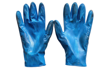 Used blue work gloves worn and stained show hard work resilience and dedication on white background