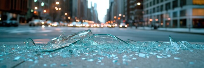 Close-up of shattered glass on a city sidewalk with urban buildings and warm evening lights in the background, creating a striking dynamic pattern