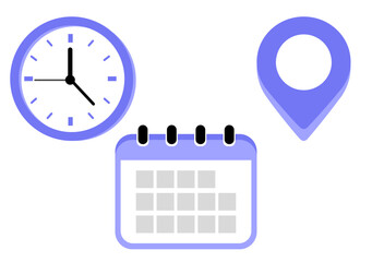 Time, date and address icon set. Calendar, clock, location. Editable stroke. Linear vector outline illustration. Vector illustration.	