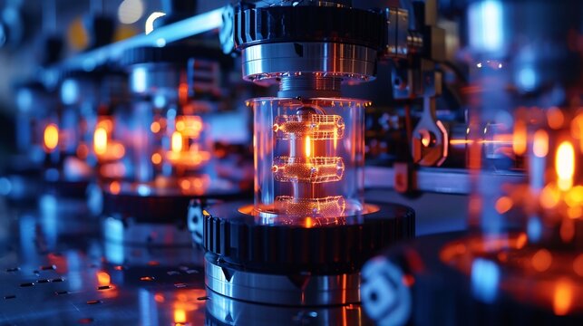 Futuristic quantum computer with entangled qubits glowing in a high tech lab