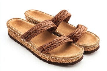 Brown braided leather sandals summer style comfy espadrille wedge platform shoes on white background