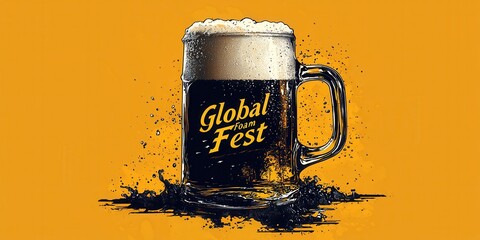 International beer day with foam and celebration idea. Illustration of a beer mug with message "Global Foam Fest" and festive design elements.