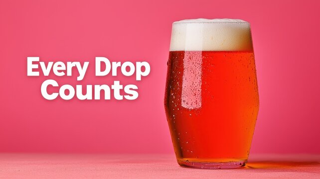 International beer day with foam and celebration idea. Refreshing beer drink in a glass with message "Every Drop Counts" and a pink background.