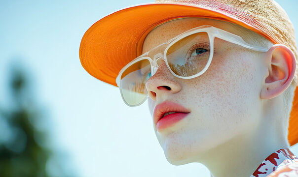 Sun-kissed albino beauty, a portrait of radiant skin and summer accessories for International Albinism Awareness Day - Powered by Adobe