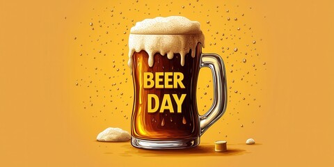 International beer day with foam and celebration idea. Celebratory beer mug with "Beer Day" text and bubbles.