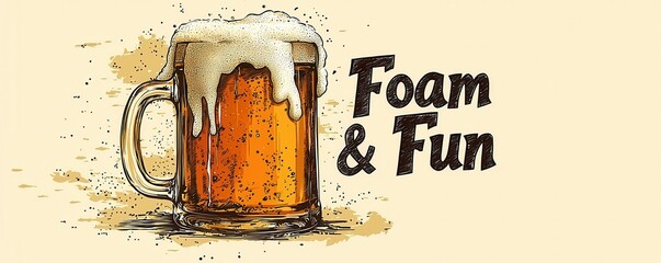 International beer day with foam and celebration idea. Beer mug with foam and playful text design.