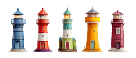 Pack of Lighthouses Against Transparent Background for Coastal Design, Nautical Illustrations, or Travel Projects