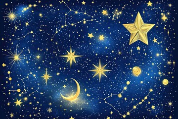 Fototapeta premium Golden Celestial Dreamscape Night Sky with Stars, and Constellations.