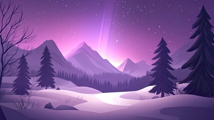 Fototapeta premium Magical Purple Aurora Borealis Winter Mountain Landscape.