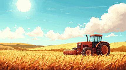 Obraz premium A beautiful golden wheat harvest with vintage tractor in bright sun, rustic vibes, text space