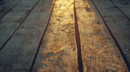 Aged wooden planks illuminated by golden sunlight.