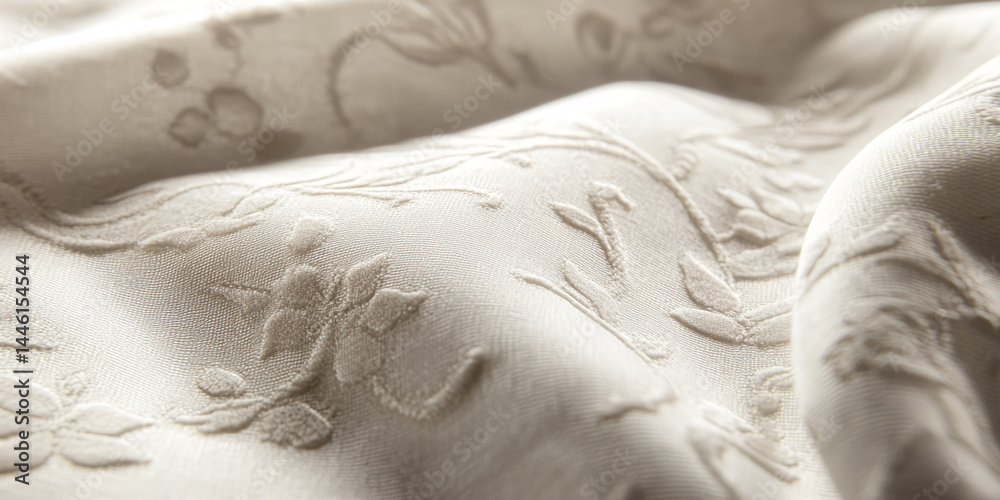 Aufkleber Close-up of cream fabric texture with embossed floral pattern, creating a soft and elegant appearance, showcasing luxurious textile detail